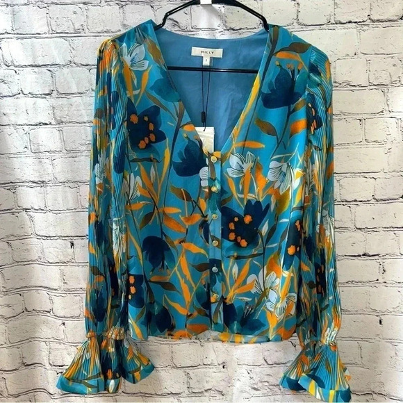 Milly Tops - Milly Women’s Blue Floral V Neck Blouse with Bell Sleeve Detail Size Small New